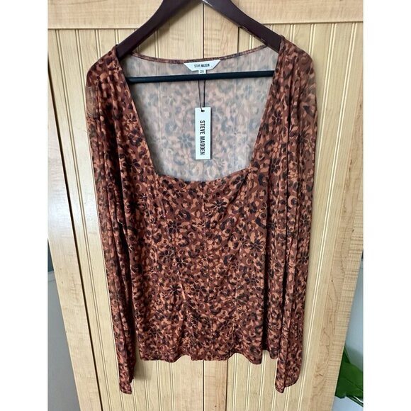 NWT Steve Madden Women’s Hayden Long Sleeve Sheer Brown Square Neck Top - Sz 2X - Picture 9 of 9